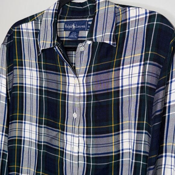 Ralph Lauren Womens Size 10 Blue Green Plaid Long Sleeve Button Up Blouse - Picture 1 of 8